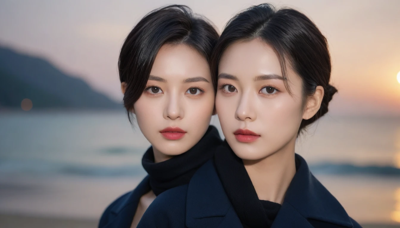 8K, 超high resolution, best quality, masterpiece, surreal, painting,A three-part method, 성숙한 1 woman, (36 years old:1.3), Pretty Woman, Cute face, Beautiful Eyes in Every Detail,Japanese female announcer,(wearing a long winter coat and scarf、Close-up of thin black double-sided updo:1.5)、(The girl turned around with a very sad expression., Her hair blowing in the wind on a winter beach:1.5)、(blurred background:1.5)、(red sky at sunset:1.5)、(complete anatomy:1.5)、(full hand:1.3)、(full finger:1.3)、realistic、生painting、tabletop、best quality、high resolution、delicate and beautiful、perfect face、beautiful details、fair skin、real human skin、((thin legs))、bold pose,Super cute supermodel、Please look closely at the camera 、vivid details、detailed、surreal、빛과 painting자,strong light,fashion magazine cover,thin lips, Short hair,1 woman, up to the waist