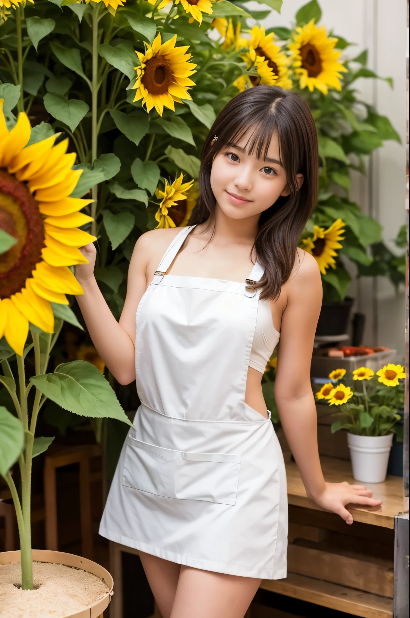 A 20-year-old girl working at a flower shop(Wearing a miniskirt and apron)have a sunflower