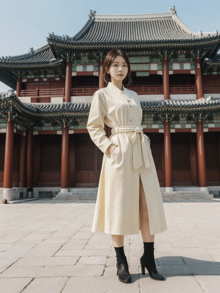 her name is Asako, high quality, 1girl, ((20-year-old fit Caucasian woman)), ((20 years old)), ((slim)), ((Hime Cut)), pose: standing, wearing stylish fashionable Generation-Z modern wear different colored, BACKGROUND: At Gyeongbokgung Palace, with its traditional Korean architecture and the backdrop of modern skyscrapers.