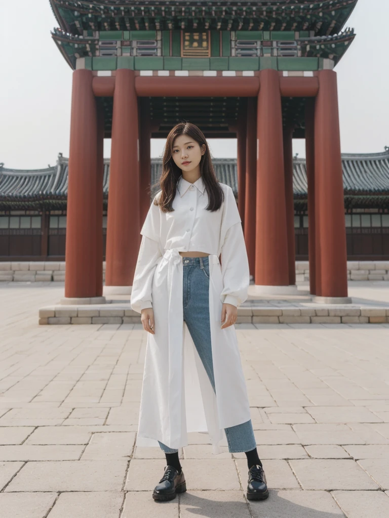 her name is Asako, high quality, 1girl, ((20-year-old fit Caucasian woman)), ((20 years old)), ((slim)), ((Hime Cut)), pose: standing, wearing stylish fashionable Generation-Z modern wear different colored, BACKGROUND: At Gyeongbokgung Palace, with its traditional Korean architecture and the backdrop of modern skyscrapers.