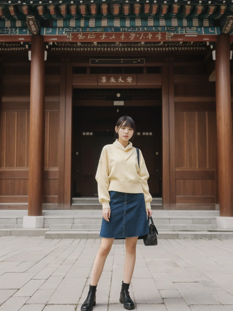 her name is Asako, high quality, 1girl, ((20-year-old fit Caucasian woman)), ((20 years old)), ((slim)), ((Hime Cut)), pose: standing, wearing stylish fashionable Generation-Z modern wear different colored, BACKGROUND: At Gyeongbokgung Palace, with its traditional Korean architecture and the backdrop of modern skyscrapers.