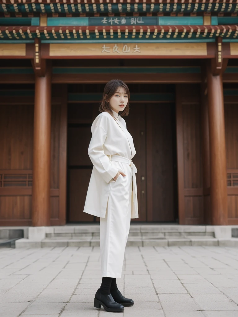 her name is Asako, high quality, 1girl, ((20-year-old fit Caucasian woman)), ((20 years old)), ((slim)), ((Hime Cut)), pose: standing, wearing stylish fashionable Generation-Z modern wear different colored, BACKGROUND: At Gyeongbokgung Palace, with its traditional Korean architecture and the backdrop of modern skyscrapers.