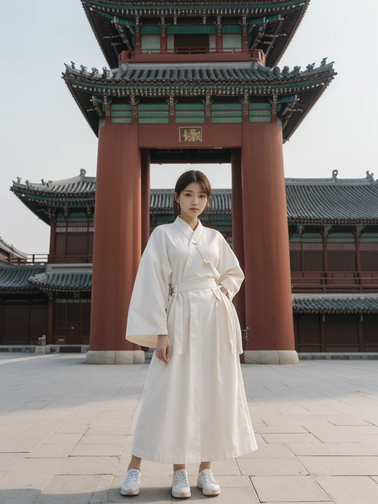 her name is Asako, high quality, 1girl, ((20-year-old fit Caucasian woman)), ((20 years old)), ((slim)), ((Hime Cut)), pose: standing, wearing stylish fashionable Generation-Z modern wear different colored, BACKGROUND: At Gyeongbokgung Palace, with its traditional Korean architecture and the backdrop of modern skyscrapers.