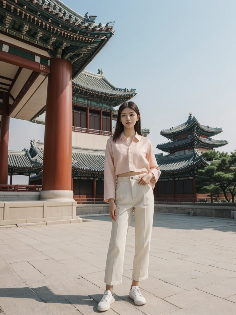 her name is Asako, high quality, 1girl, ((20-year-old fit Caucasian woman)), ((20 years old)), ((slim)), ((Hime Cut)), pose: standing, wearing stylish fashionable Generation-Z modern wear different colored, BACKGROUND: At Gyeongbokgung Palace, with its traditional Korean architecture and the backdrop of modern skyscrapers.