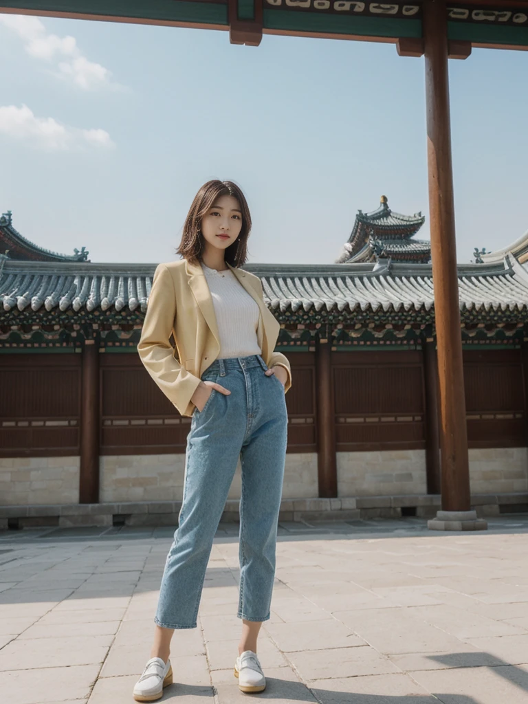 her name is Asako, high quality, 1girl, ((20-year-old fit Caucasian woman)), ((20 years old)), ((slim)), ((Hime Cut)), pose: standing, wearing stylish fashionable Generation-Z modern wear different colored, BACKGROUND: At Gyeongbokgung Palace, with its traditional Korean architecture and the backdrop of modern skyscrapers.