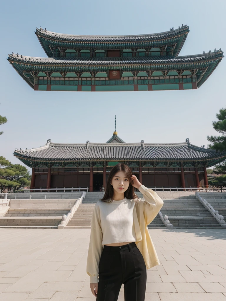 her name is Asako, high quality, 1girl, ((20-year-old fit Caucasian woman)), ((20 years old)), ((slim)), ((Hime Cut)), pose: standing, wearing stylish fashionable Generation-Z modern wear different colored, BACKGROUND: At Gyeongbokgung Palace, with its traditional Korean architecture and the backdrop of modern skyscrapers.