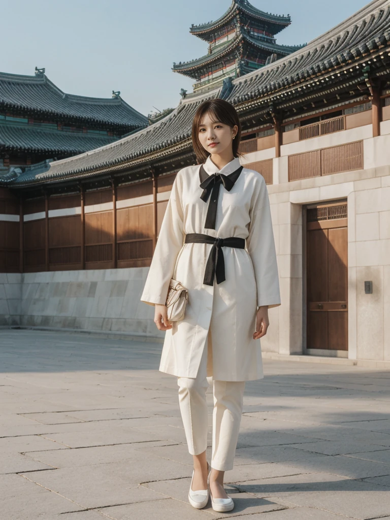 her name is Asako, high quality, 1girl, ((20-year-old fit Caucasian woman)), ((20 years old)), ((slim)), ((Hime Cut)), pose: standing, wearing stylish fashionable Generation-Z modern wear different colored, BACKGROUND: At Gyeongbokgung Palace, with its traditional Korean architecture and the backdrop of modern skyscrapers.