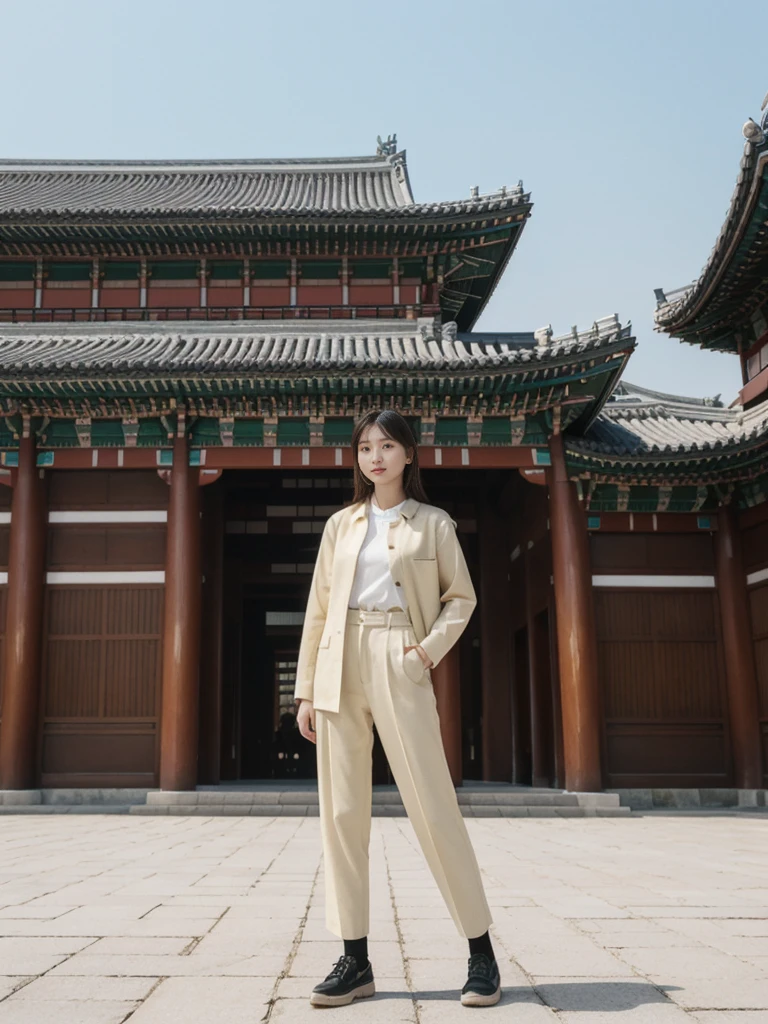 her name is Asako, high quality, 1girl, ((20-year-old fit Caucasian woman)), ((20 years old)), ((slim)), ((Hime Cut)), pose: standing, wearing stylish fashionable Generation-Z modern wear different colored, BACKGROUND: At Gyeongbokgung Palace, with its traditional Korean architecture and the backdrop of modern skyscrapers.