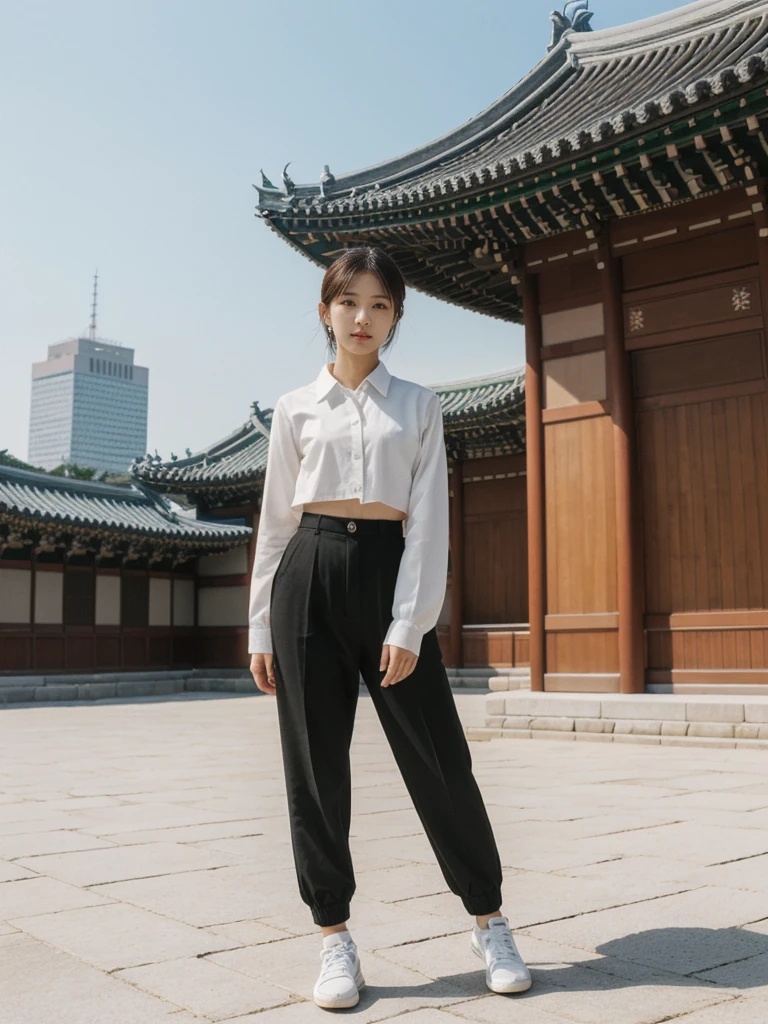 her name is Asako, high quality, 1girl, ((20-year-old fit Caucasian woman)), ((20 years old)), ((slim)), ((Hime Cut)), pose: standing, wearing stylish fashionable Generation-Z modern wear different colored, BACKGROUND: At Gyeongbokgung Palace, with its traditional Korean architecture and the backdrop of modern skyscrapers.