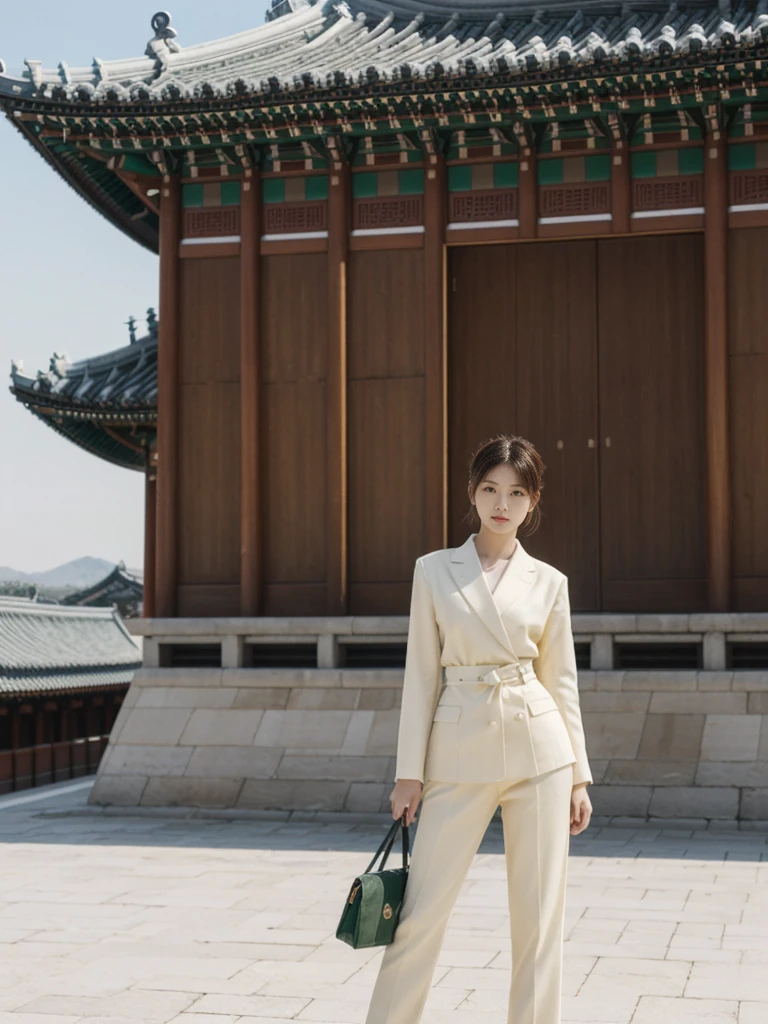 her name is Asako, high quality, 1girl, ((20-year-old fit Caucasian woman)), ((20 years old)), ((slim)), ((Hime Cut)), pose: standing, wearing stylish fashionable Generation-Z modern wear different colored, BACKGROUND: At Gyeongbokgung Palace, with its traditional Korean architecture and the backdrop of modern skyscrapers.