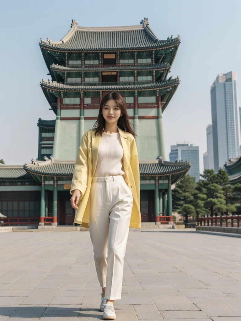 her name is Asako, high quality, 1girl, ((20-year-old fit Caucasian woman)), ((20 years old)), ((slim)), ((Hime Cut)), pose: standing, wearing stylish fashionable Generation-Z modern wear different colored, BACKGROUND: At Gyeongbokgung Palace, with its traditional Korean architecture and the backdrop of modern skyscrapers.