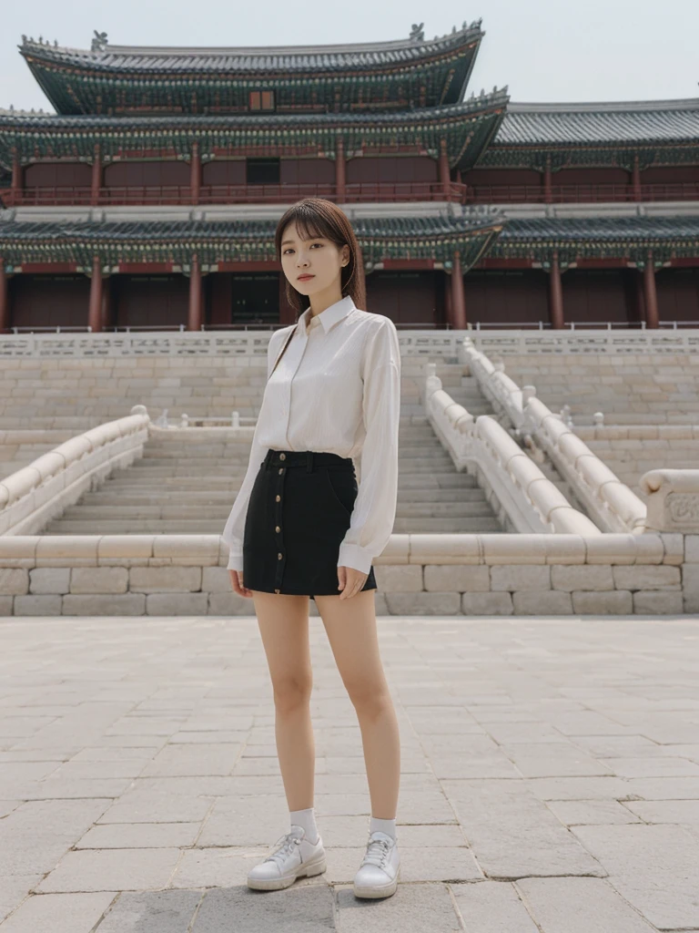 her name is Asako, high quality, 1girl, ((20-year-old fit Caucasian woman)), ((20 years old)), ((slim)), ((Hime Cut)), pose: standing, wearing stylish fashionable Generation-Z modern wear different colored, BACKGROUND: At Gyeongbokgung Palace, with its traditional Korean architecture and the backdrop of modern skyscrapers.