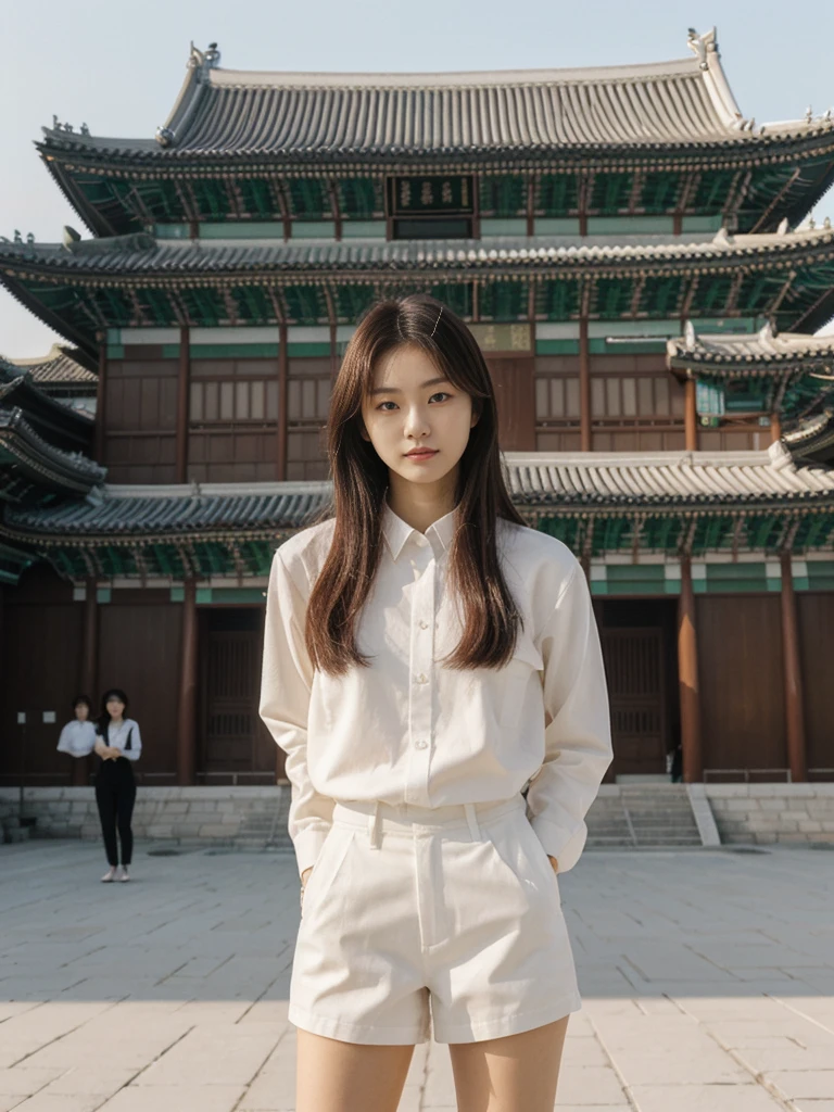 her name is Asako, high quality, 1girl, ((20-year-old fit Caucasian woman)), ((20 years old)), ((slim)), ((Hime Cut)), pose: standing, wearing stylish fashionable Generation-Z modern wear different colored, BACKGROUND: At Gyeongbokgung Palace, with its traditional Korean architecture and the backdrop of modern skyscrapers.