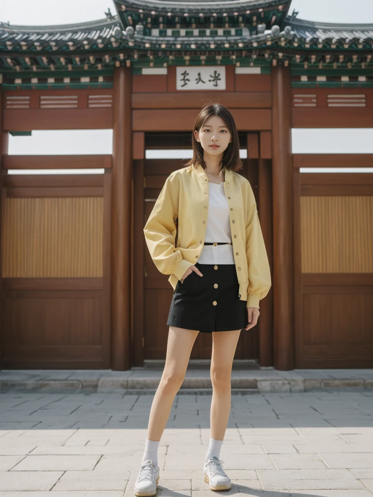 her name is Asako, high quality, 1girl, ((20-year-old fit Caucasian woman)), ((20 years old)), ((slim)), ((Hime Cut)), pose: standing, wearing stylish fashionable Generation-Z modern wear different colored, BACKGROUND: At Gyeongbokgung Palace, with its traditional Korean architecture and the backdrop of modern skyscrapers.