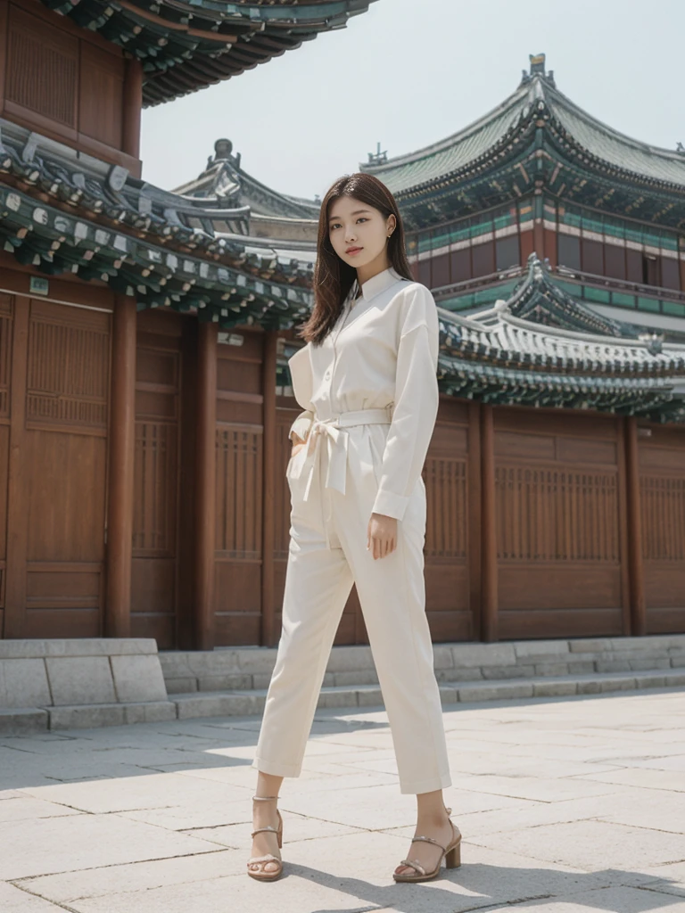 her name is Asako, high quality, 1girl, ((20-year-old fit Caucasian woman)), ((20 years old)), ((slim)), ((Hime Cut)), pose: standing, wearing stylish fashionable Generation-Z modern wear different colored, BACKGROUND: At Gyeongbokgung Palace, with its traditional Korean architecture and the backdrop of modern skyscrapers.