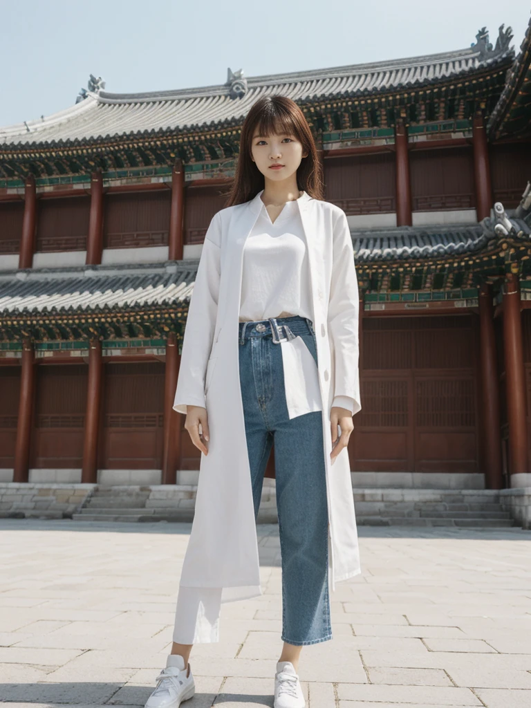 her name is Asako, high quality, 1girl, ((20-year-old fit Caucasian woman)), ((20 years old)), ((slim)), ((Hime Cut)), pose: standing, wearing stylish fashionable Generation-Z modern wear different colored, BACKGROUND: At Gyeongbokgung Palace, with its traditional Korean architecture and the backdrop of modern skyscrapers.