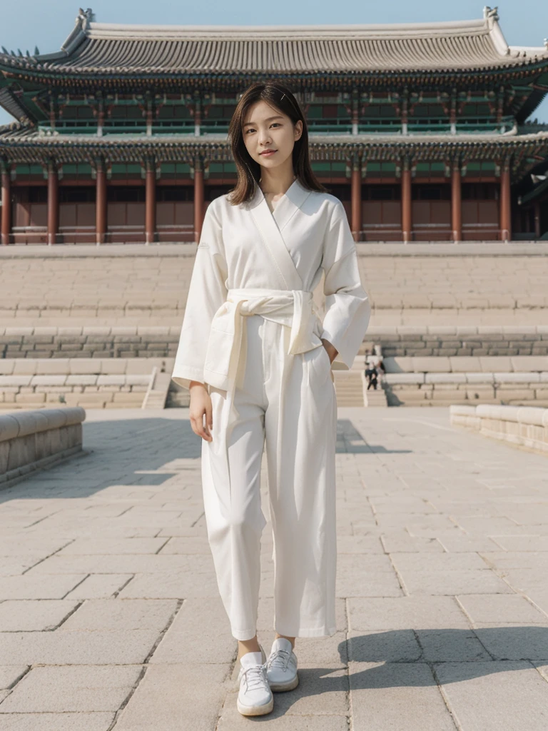 her name is Asako, high quality, 1girl, ((20-year-old fit Caucasian woman)), ((20 years old)), ((slim)), ((Hime Cut)), pose: standing, wearing stylish fashionable Generation-Z modern wear different colored, BACKGROUND: At Gyeongbokgung Palace, with its traditional Korean architecture and the backdrop of modern skyscrapers.