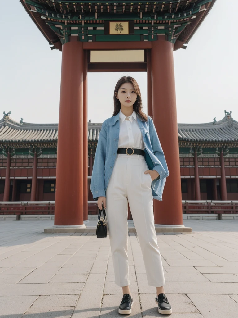 her name is Asako, high quality, 1girl, ((20-year-old fit Caucasian woman)), ((20 years old)), ((slim)), ((Hime Cut)), pose: standing, wearing stylish fashionable Generation-Z modern wear different colored, BACKGROUND: At Gyeongbokgung Palace, with its traditional Korean architecture and the backdrop of modern skyscrapers.