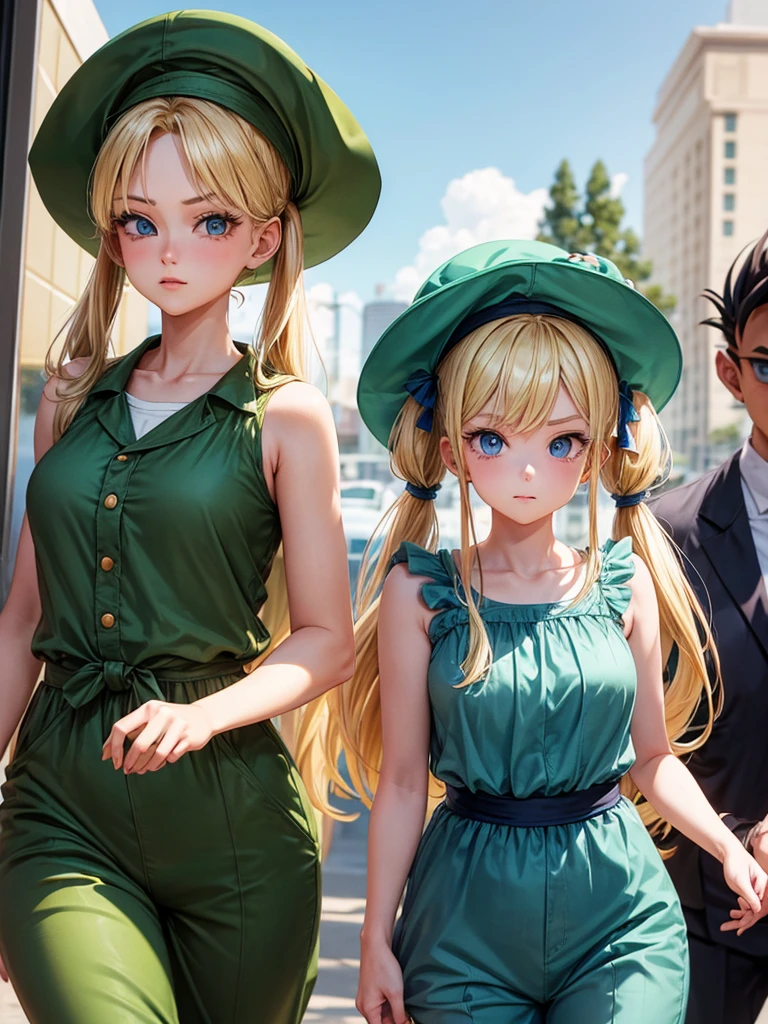 an adult girl, blond hair, two low blonde pigtails, blue eyes, green jumpsuit dress, a green hat on his head, all with the design and style of Dragon Ball