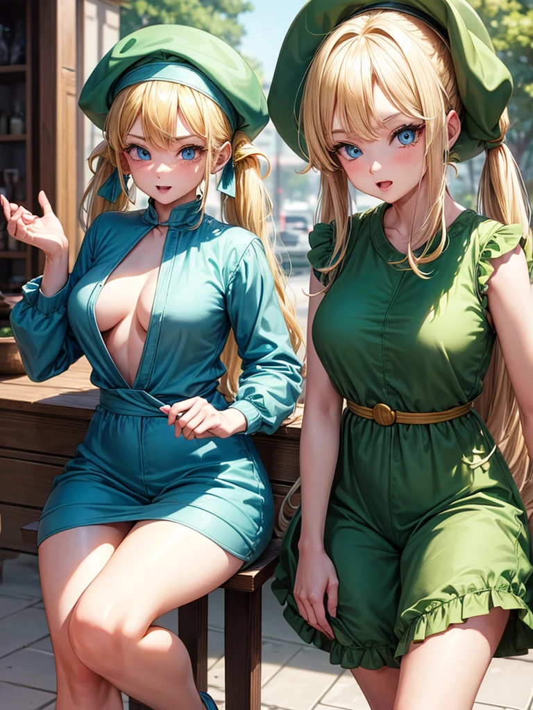 an adult girl, blond hair, two low blonde pigtails, blue eyes, green jumpsuit dress, a green hat on his head, all with the design and style of Dragon Ball 