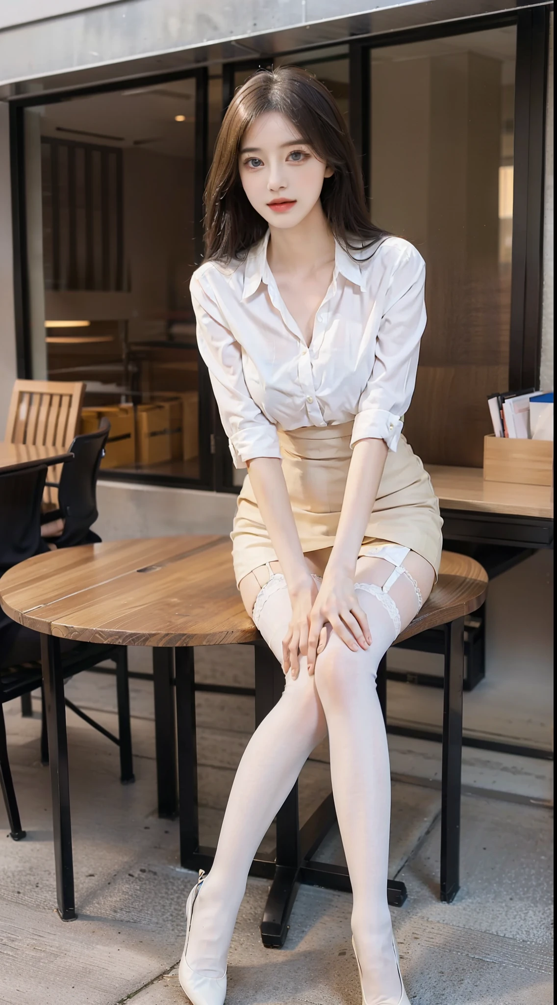 best qualtiy, Full body like,Refined face,A pair of smart eyes,pretty face,25 years old woman,slimfigure,Larger bust,office lady uniform,Office wear,white stockings,Outdoor scene,Sit Pose,yellow long hair