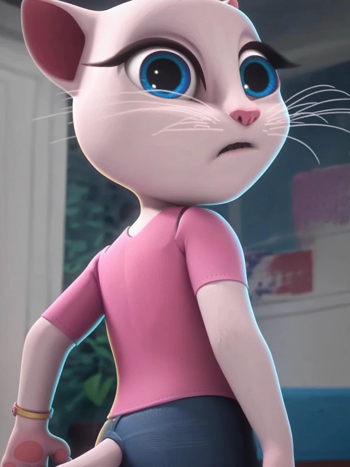solo focus, a_la, 1girl, cat, white fur, long whiskers on both sides of the face, large bright blue eyes, large black eyelashes, small pink nose, triangular ears with pink channels, G-Whiz position, short jeans, looking back, score_9, score_8_up, score_7_up,