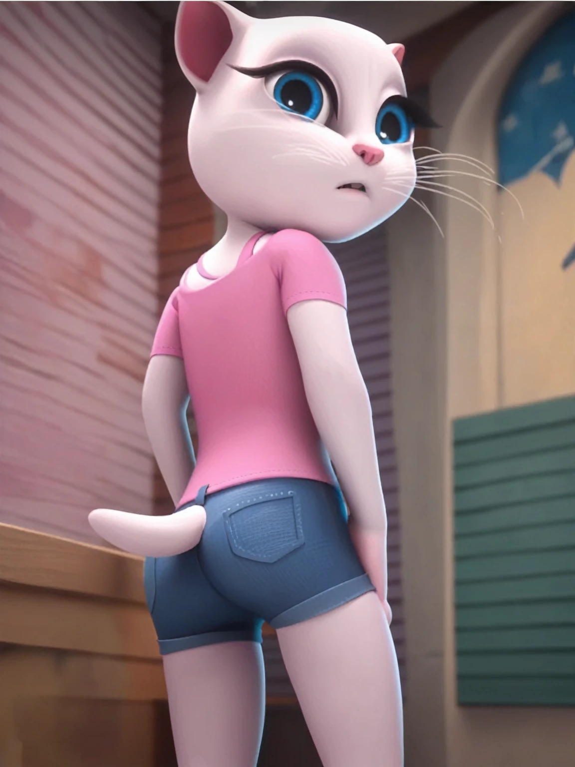 solo focus, a_la, 1girl, cat, white fur, long whiskers on both sides of the face, large bright blue eyes, large black eyelashes, small pink nose, triangular ears with pink channels, G-Whiz position, short jeans, looking back, score_9, score_8_up, score_7_up,