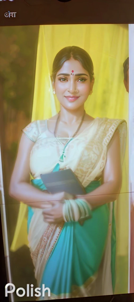 Indian middle age woman, outdoor beneath a tree beside a pond, brown tone skin colour, sexy hips, attractive looks, cute cleavage, gorgeous smile, curvy figure, middle age beautiful woman, green tight blouse, white loose saree, smooth lighting, few sunrays on sexy body, like a dslr photo, realistic, realism, masterpiece more cleavage with big breast low hip