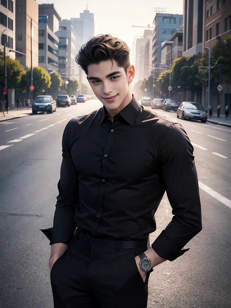 Handsome young man smiling,no beard,Approximately 26 years old,A deep and charming face,The perfect black shirt,black pants,Wear a watch,Overbearing president,High quality,Details of the road backdrop