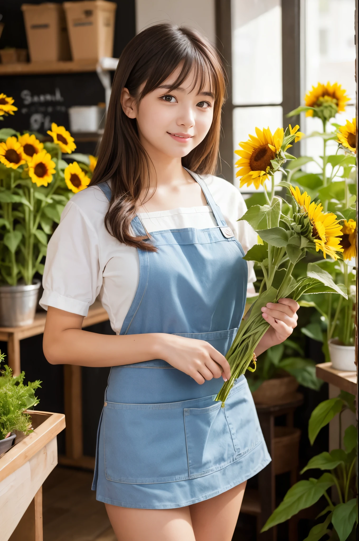 A 20-year-old girl working at a flower shop(Wearing a miniskirt and apron)have a sunflower