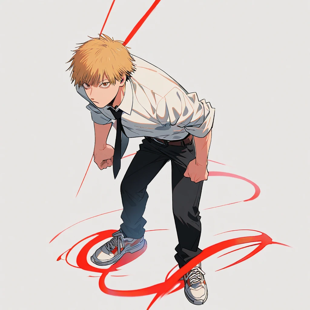 denji(chainsaw man),1man,solo,blonde hair,brown eyes,White suit with rolled up sleeves,black tie,Brown belt,black pants,Sneakers with red lines on a white background,standing up,near