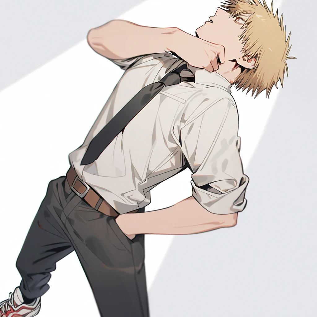 denji(chainsaw man),1man,solo,blonde hair,brown eyes,White suit with rolled up sleeves,black tie,Brown belt,black pants,Sneakers with red lines on a white background,standing up,near