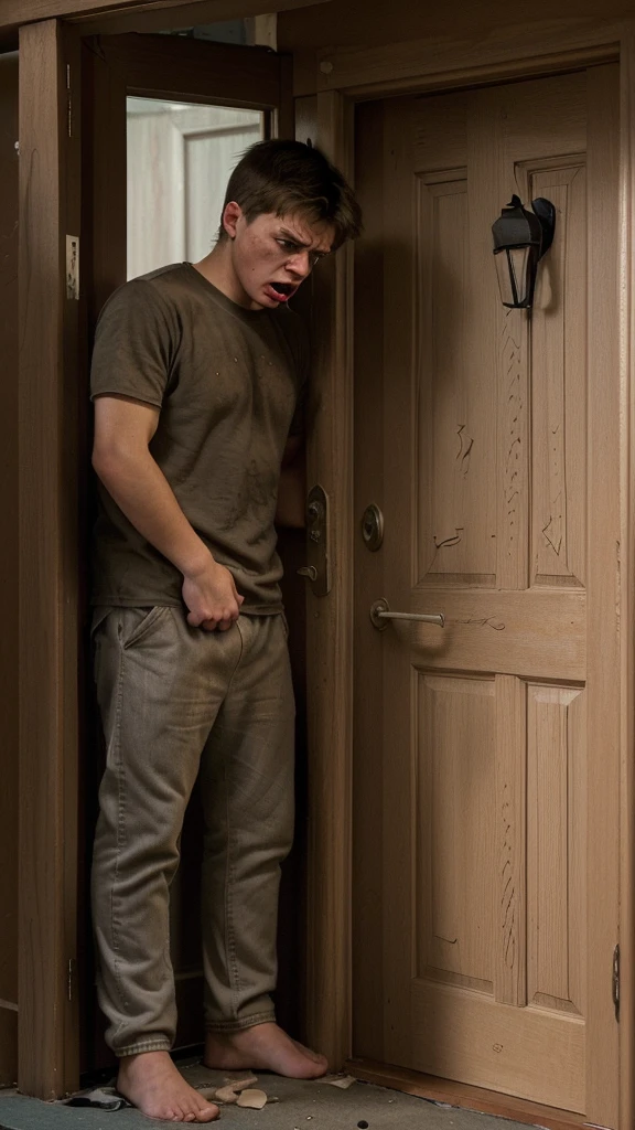 Create an illustration of a 20-year-old man being scolded by his father in front of the house door. The man looks very tired, angry, and disappointed because he has been looking for a job all day without success, and his father's scolding makes it worse. The man is seen holding back all his anger, but he can't take it anymore and finally vents his anger by punching the wooden door beside him.
Additional details:
* Age: 20 years old
* Gender: Male
* Facial expression: Tired, angry, disappointed
* Body posture: Head down, tense
* Hand gesture: Fists clenched
* Location: In front of the house door
* Other character: Father (angry expression)
* Object: Wooden door (with visible dents from punching)
* Atmosphere: Tense, full of emotion
Notes:
* Use a realistic illustration style with details on facial expressions, body posture, and hand gestures.
* Depict the tense and emotional atmosphere with dramatic lighting.
* Ensure the image does not contain explicit violence.