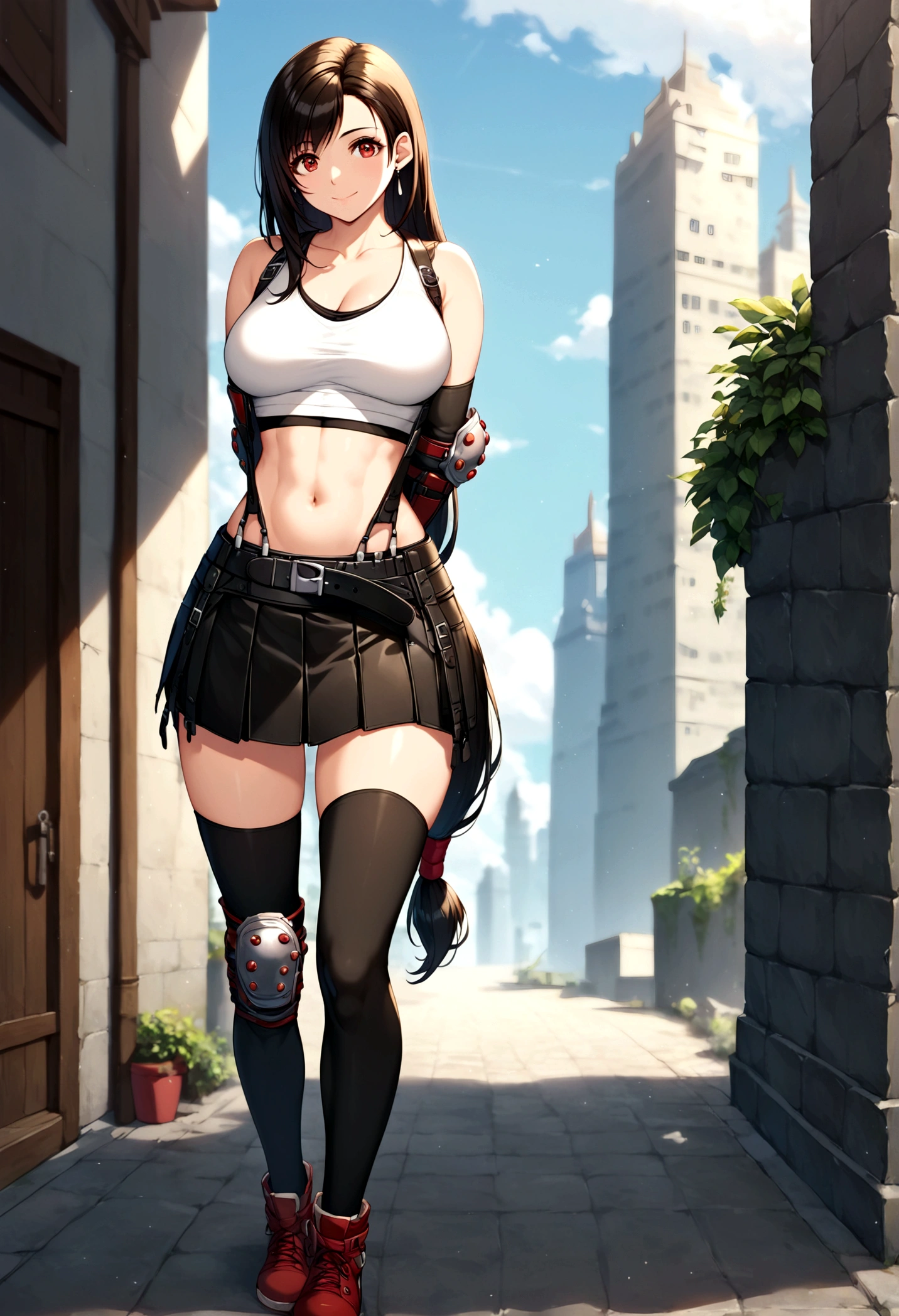 score_9, score_8_up, score_7_up, score_6_up, score_5_up,,rating_safe. BREAK , (from behind,front view,looking back,feet focus,standing,straight-on,,(upperbody),looking_at_viewer ,1girl, tifa lockhart, final fantasy, tareme,black hair, low-tied long hair, red eyes, bangs, (white tank top, belt, pleated skirt, thighhighs, elbow fingerless gloves, elbow pads, midriff, navel,suspender skirt) ,large_breasts,(light smile),,,Solo,,(daytime and beachside and city),(best quality),(aesthetic,very aesthetic),,highly detailed,,depth of field,,professional lighting,cinematic lighting, ,(arms behind back),
