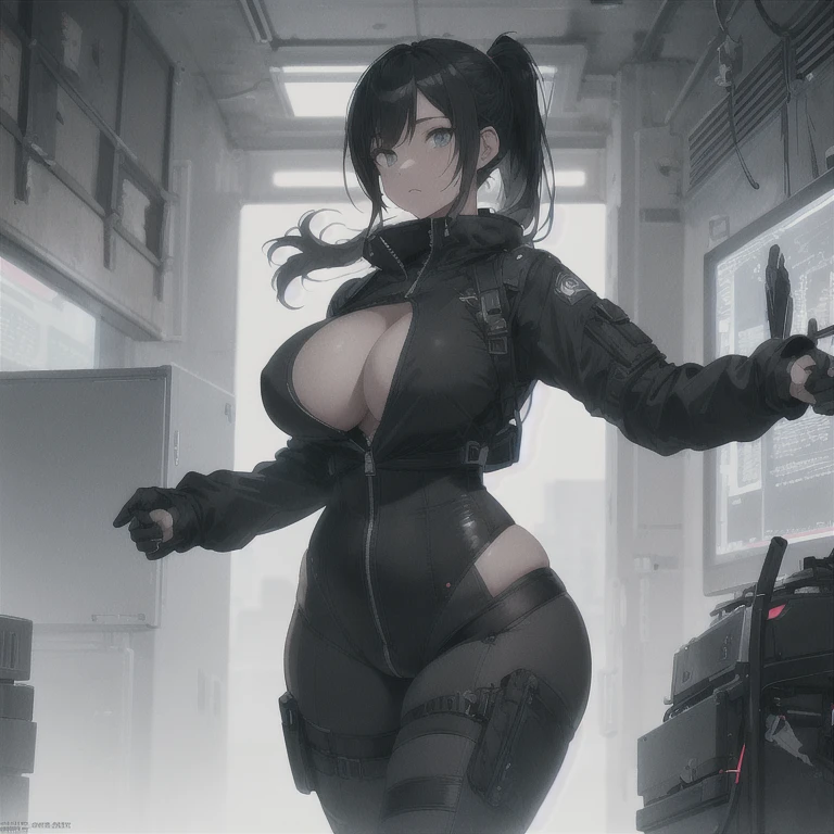 Absurd resolution,high resolution,(masterpiece: 1.4),hyper-detail,fullbody shot,full frontal camera perspective,solo,shorter,standing straight upkemono feline cat gynomorph,no skin other than neck and head shown,utility suit,black hair,messy ponytail,cute face,detailed soft grey luminous eyes,huge massive hyper super swollen heavy breasts,breasts so big that cover her whole torso and are bigger than her head while being so big they reach her belly button,extremely super large swollen perky heavy bust,super huge enormously gigantic tits,gigantic breasts stretching/straining out of her outfit looking like they are about to burst out,breasts compressed squishing barely contained in outfit,inflated breasts,breasts_expansion,super gigantic swollen heavy tits,wide full hips,narrower torso and shoulders,smaller torso,narrower waist,full thicc big soft thighs,thicc big full thighs,big rounded full soft butt,thicc butt,ruggedized utility styled outfit,fully insulated suit,full body outfit coverage with no skin showing or revealed,airtight/watertight zippers and seals,scifi monochrome black and grey fullbody covering protective padding rugged loose-fitted pilot utility suit with strategically placed protective padding,white zipped utility cropped top for breasts support with a black strap horizontal across cleavage worn on top of suit,tactical strategic angular-patterned protective padding on hips and thighs and abdomen,practical/functional clothing,weather-proof durable clothing material,nylon clothing material,custom made clothing to fit and support large breasts,scifi padded rugged rigid high collar cropped cutout fitted techwear jacket,armored high collar,white and black triangular decals and techwear iconography on apparel and clothing,techwear gloves,arm mounted strapped display scifi tablet/communication device/computer,ruggedized tech,ruggedized tech aesthetic,fitted utility pants,utility chaps,near future scifi,cyberpunk aesthetic,anime aesthetic,tactical aesthetic
