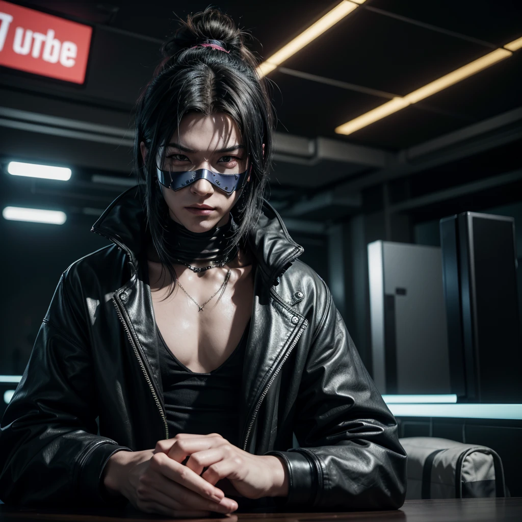 Create a character "cyberpunk wearing mask," to serve as host of a YouTube channel, have him sit at a table and talk into a microphone.