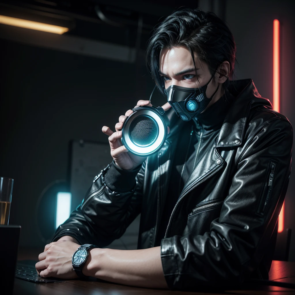 Create a character "cyberpunk wearing mask," to serve as host of a YouTube channel, have him sit at a table and talk into a microphone.