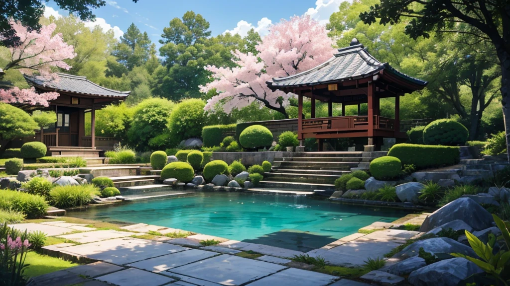 Imagine a serene Japanese garden at dawn. The open window in Sakura Chihiro's room reveals a charming and harmonious landscape. The garden is carefully planned, with a stone path that winds through a sea of ​​soft green moss, punctuated by stone lanterns that add a touch of tradition to the setting.

To the left is a tranquil lake, its crystal clear waters reflecting the morning sky tinged with pink and orange. Small colorful carp swim gently, creating ripples on the surface of the water. A red wooden bridge, with elegant arches, crosses the lake, inviting you to stroll and contemplate.

Near the lake, a group of cherry trees in full bloom display their pale pink flowers, some petals gently falling and floating in the air, creating a spectacle of ephemeral beauty. The gentle sound of leaves moving in the breeze and the occasional birdsong complete the serenity of the garden.

To the right, a dense bamboo grove rises, its tall, slender stems swaying gently in the wind. The rhythmic sound of bamboo moving creates a natural melody that blends with the gentle sound of a small stream running through the garden. The stream is lined with smooth rocks and moss, and small waterfalls add a relaxing sound of running water to the ambiance.

Further back, a hill covered in vegetation offers a panoramic view of the garden. At the top of the hill, a small traditional tea pavilion, with its curved roof and wooden columns, stands out against the morning sky. The light smoke of a rising incense adds a gentle fragrance to the air, creating an environment of calm and meditation.