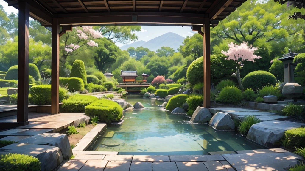 Imagine a serene Japanese garden at dawn. The open window in Sakura Chihiro's room reveals a charming and harmonious landscape. The garden is carefully planned, with a stone path that winds through a sea of ​​soft green moss, punctuated by stone lanterns that add a touch of tradition to the setting.

To the left is a tranquil lake, its crystal clear waters reflecting the morning sky tinged with pink and orange. Small colorful carp swim gently, creating ripples on the surface of the water. A red wooden bridge, with elegant arches, crosses the lake, inviting you to stroll and contemplate.

Near the lake, a group of cherry trees in full bloom display their pale pink flowers, some petals gently falling and floating in the air, creating a spectacle of ephemeral beauty. The gentle sound of leaves moving in the breeze and the occasional birdsong complete the serenity of the garden.

To the right, a dense bamboo grove rises, its tall, slender stems swaying gently in the wind. The rhythmic sound of bamboo moving creates a natural melody that blends with the gentle sound of a small stream running through the garden. The stream is lined with smooth rocks and moss, and small waterfalls add a relaxing sound of running water to the ambiance.

Further back, a hill covered in vegetation offers a panoramic view of the garden. At the top of the hill, a small traditional tea pavilion, with its curved roof and wooden columns, stands out against the morning sky. The light smoke of a rising incense adds a gentle fragrance to the air, creating an environment of calm and meditation.