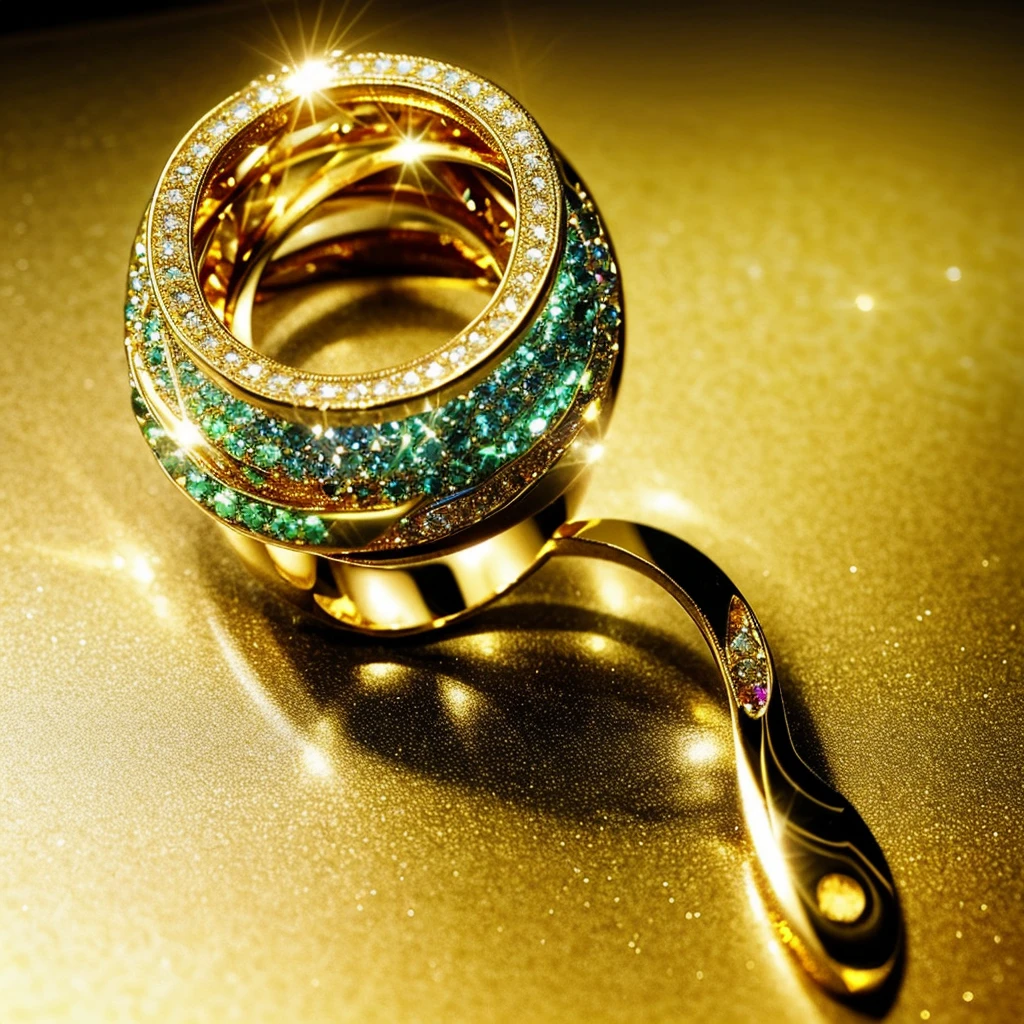 ring on table, focus on ring,  landscape, no human, no people, no hands, no fingers, Masterpiece，highest  quality，(Nothing but the ring)，Beautiful ring, Ultra detailed，(No Man),Phoenix ring setting，starrysky，Wrapped around the end from beginning to end，Delicate gold ring，Starry sky in the ring,The sheen，inverted image，Sparkling gemstones，Elegant and noble,simple backgound