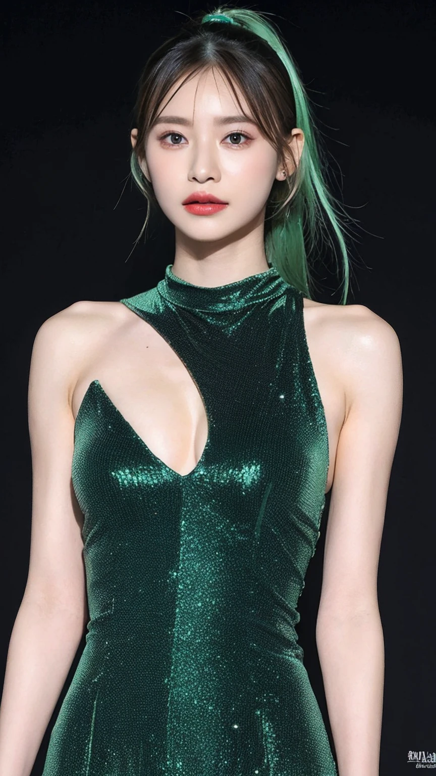 8k, Highest quality, Intricate details, Super detailed, Ultra-high resolution, masterpiece, Close-up shot, (whole body: 1.1), thin, smile, (compensate: 0.4), (fluffy purple eyes: 1.21), (()), One girl, alone, 1 girl, ((Green Hair, bangs, High Ponytail)), Close-up shot, , ((expensive)), (((Healthy Body))), (((Slim face))), Sharp Face, (()) ,(Detailed face), Sharp Face, Small lips, ,
((,Long dress )), , ((,)),Detailed face, Detailed chest, , ((Large Breasts, Huge breasts )), , Tight waist, skinny, expensive , 175 cm expensive, Muscular, belly button, Exposing the abdomen, Pointed Chest,, 引き締まったthin腹筋を持つ美しい女の子: 1.4, Six Pack Abs: 1.4, Breast Botox, big, Perfect body, Detailed legs, (( Dark Background)), Black background,