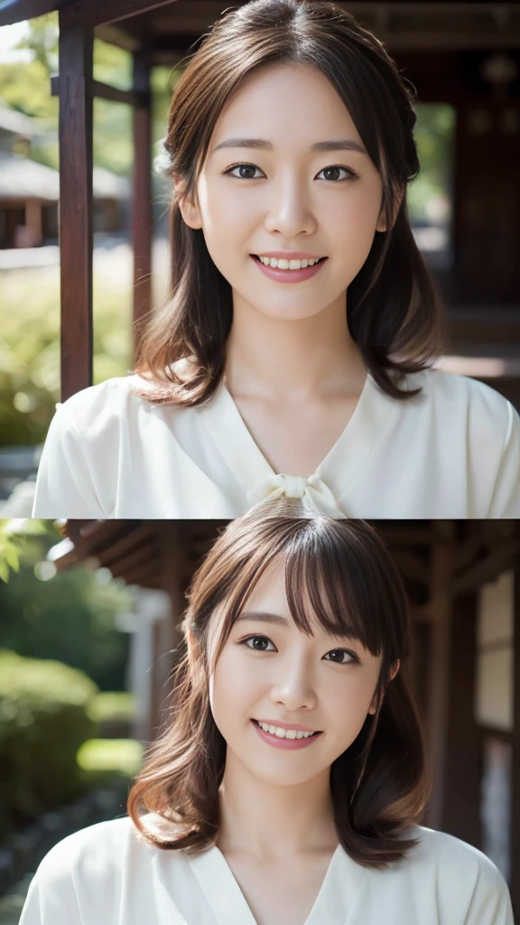 (Surreal), (High resolution), (8K), (Very detailed), (Beautiful and fine details), (Highest quality), (Ultra-detailed), (masterpiece), (Detailed face), Soft Focus、Yui Arakaki's face、huge 、Japanese、Shot in Kyoto、Shrine Background: Tie your hair up、Laughter、