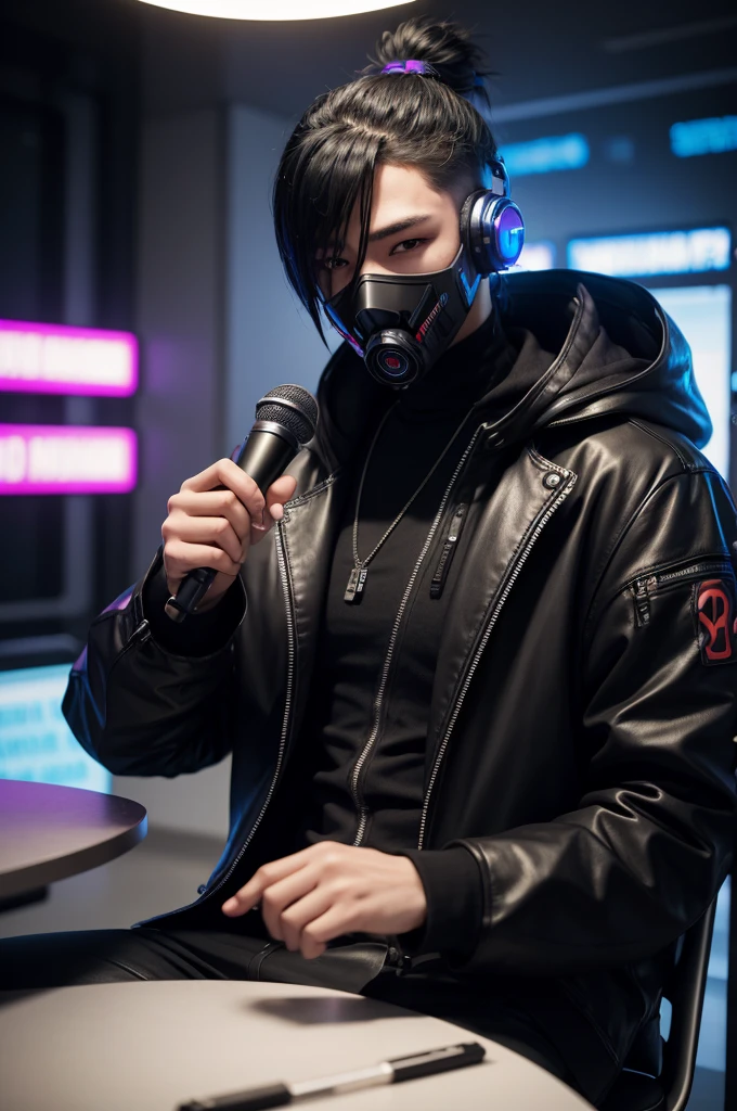 Create a character "cyberpunk wearing mask," to serve as host of a YouTube channel, have him sit at a table and talk into a microphone.