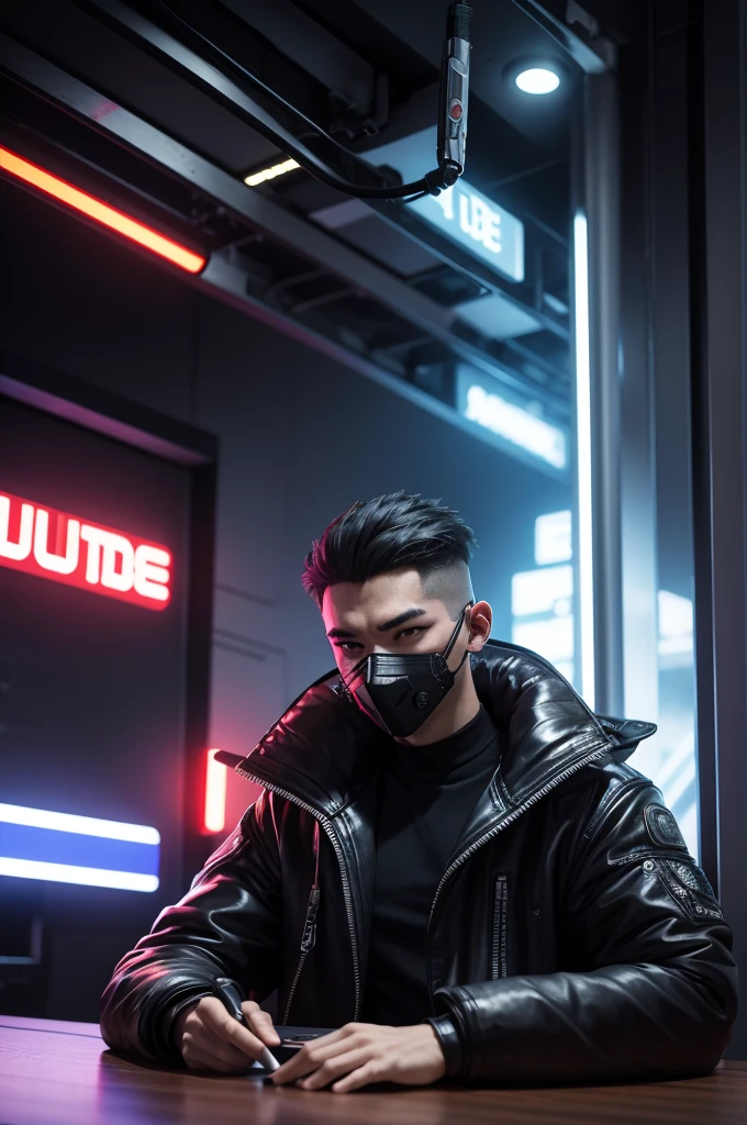 Create a character "cyberpunk wearing mask," to serve as host of a YouTube channel, have him sit at a table and talk into a microphone.