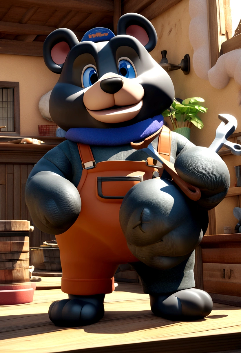 a Disney Pixar movie poster showing a medium sized black bear smiling. The black bear is dressed as a tradesman and is fluffy. The black bear also has a bright blue collar around its neck and has colored eyes. The black bear is also holding a wrench in its hand . The background is white. 3D-rendering