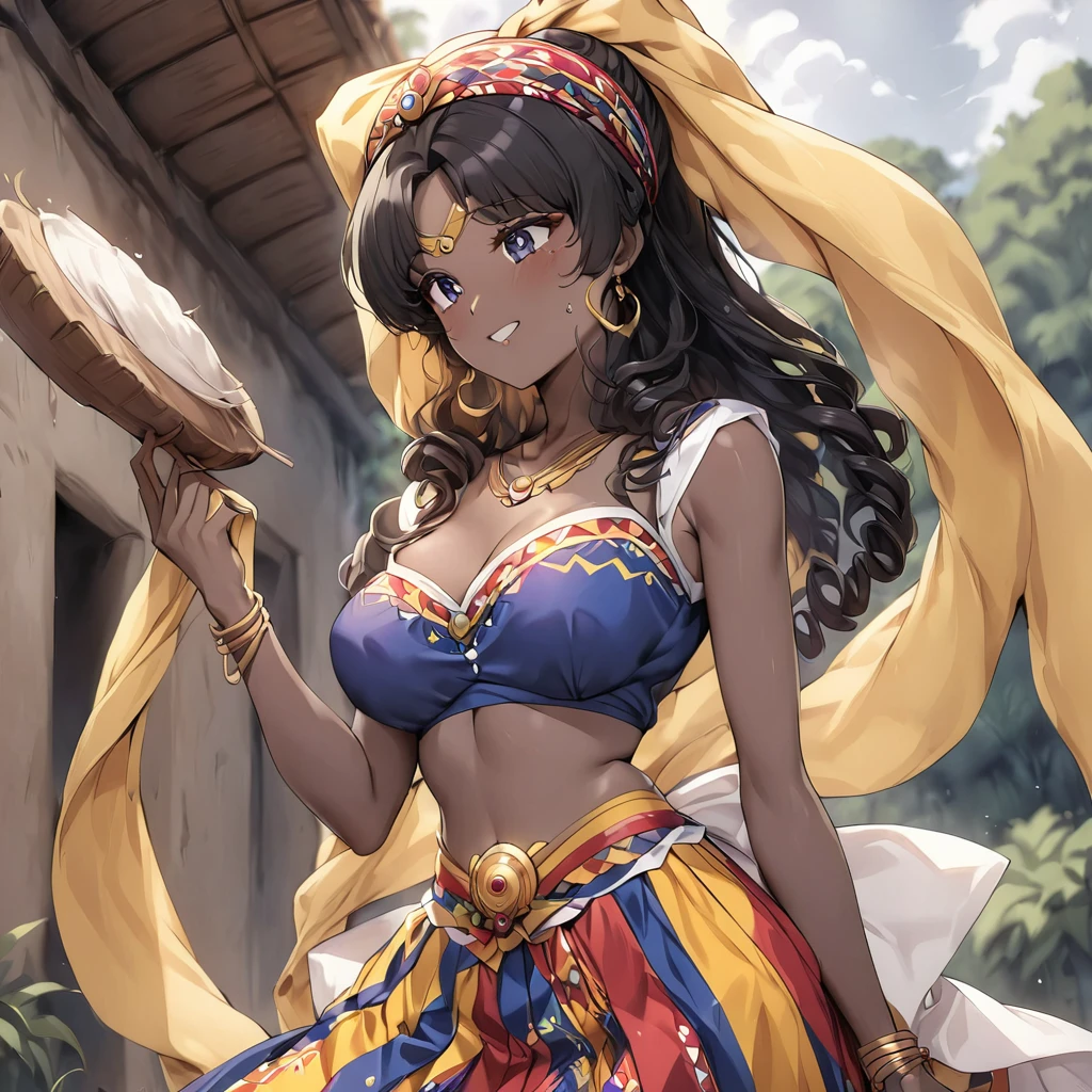((Highest quality)), ((masterpiece)), (detailed), (Perfect Face)、The woman is a Ghanaian born Tsukino Usagi with a vivid dark skin, black by birth, and is wearing a colorful Ghanaian dress from a Ghanaian village, a colorful turban head scarf, gorgeous jeweled accessories, and an engagement ring.、The woman is the elegant Tsukino Usagi, with short, naturally curly dreadlocks and black hair like an African. The woman is wearing a colorful Ghanaian dress and a colorful turban headscarf, with vivid dark brown skin. She is a natural black and Ghanaian by birth.、(The woman is a black Ghanaian with vivid dark brown skin.)、The woman is spending time with other village girls in her village in Ghana.