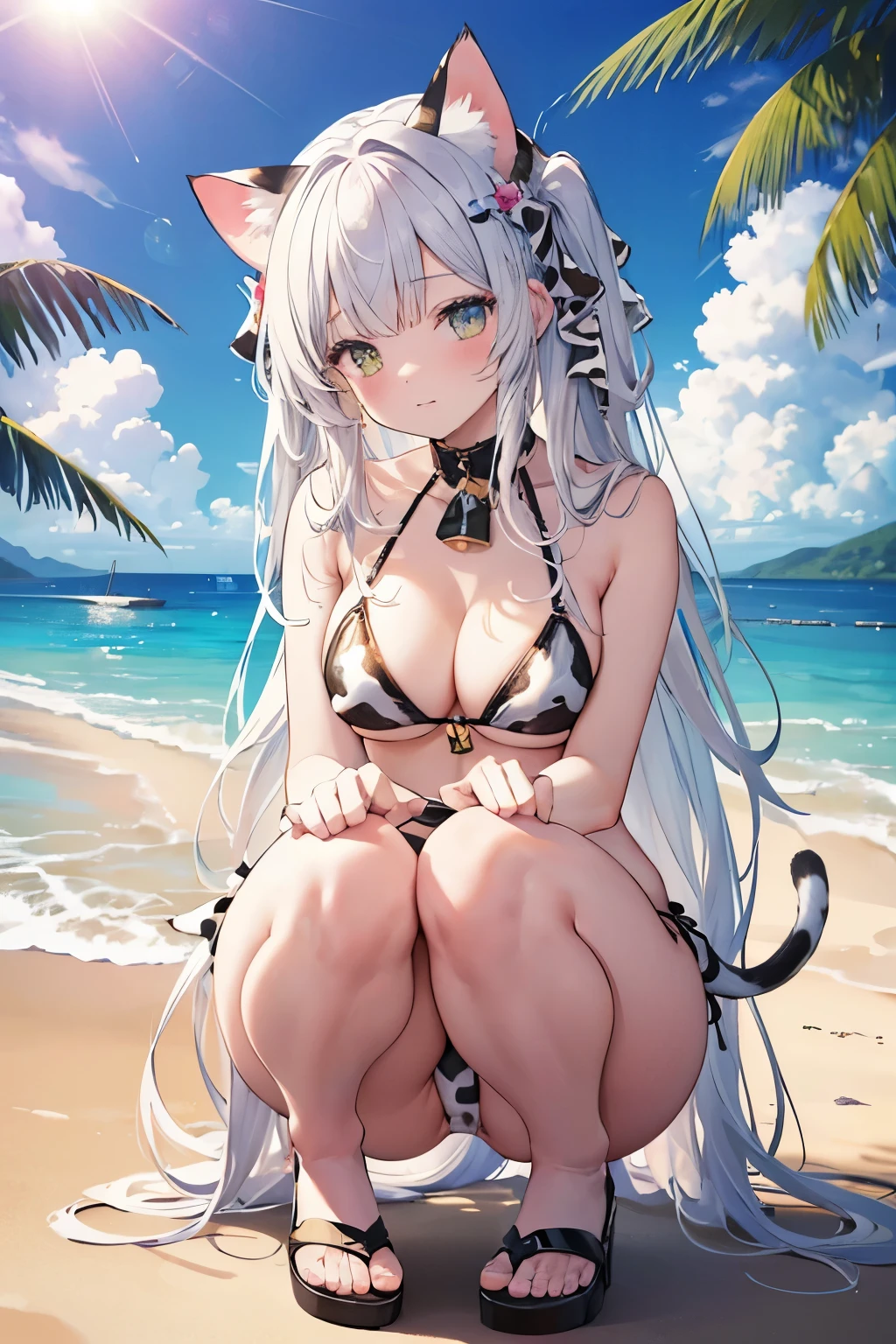 (masterpiece, highest quality:1.2), High resolution, Intricate details, Super detailed, (Highly detailed CG, unity 8k wallpaper), Clear image, (Cat ears:1.5), (Cow pattern bikini:1.3), (squatting in the sea:1.2), (ARMY Equipment:1.2), (Sunshine:1.2),
Blushed face, (From below),
A stunning resort scene by the blue sea, The scene is bathed in sunlight, highlighting the crystal-clear water and sandy beaches,