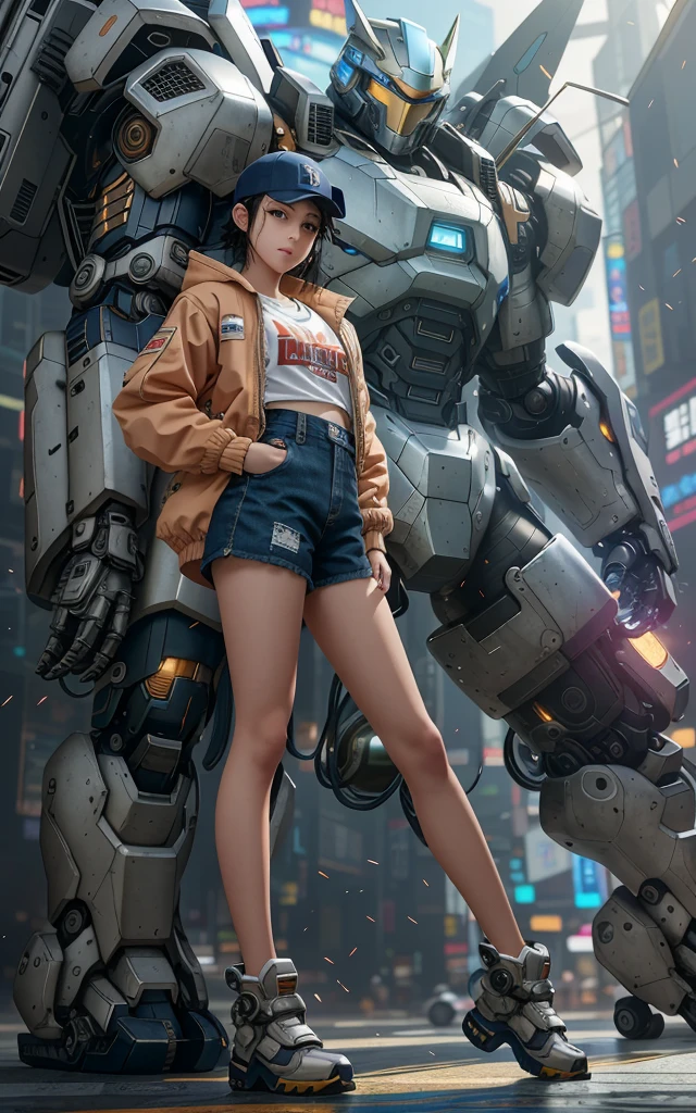  little boy in Shorts, and jacket and wear a snap back hat, standing next to giant robot, fine portrayal, delicate facial and facial features, masterpiece, cgstation trend, digital cyberpunk anime art, guweiz, Russell Dongjun Lu, Ross Tran 8K, Guweiz style on artstation pixiv, detail depiction, mecha network armor girl, blue eyes, black hair, curved light, vision looks more outstanding.