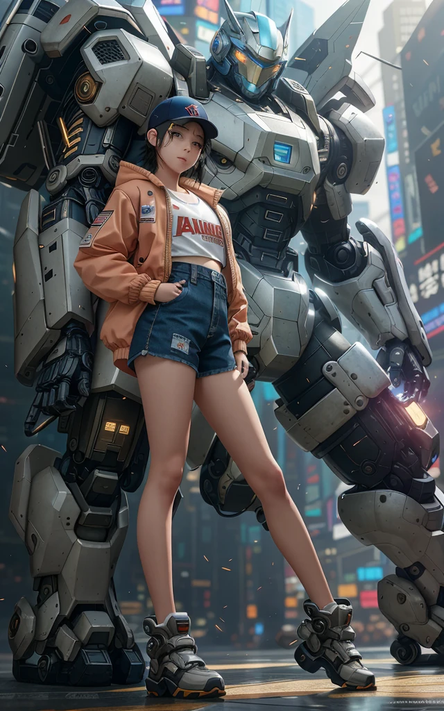 in Shorts, and jacket and wear a snap back hat, standing next to giant robot, fine portrayal, delicate facial and facial features, masterpiece, cgstation trend, digital cyberpunk anime art, guweiz, Russell Dongjun Lu, Ross Tran 8K, Guweiz style on artstation pixiv, detail depiction, mecha network armor girl, blue eyes, black hair, curved light, vision looks more outstanding.