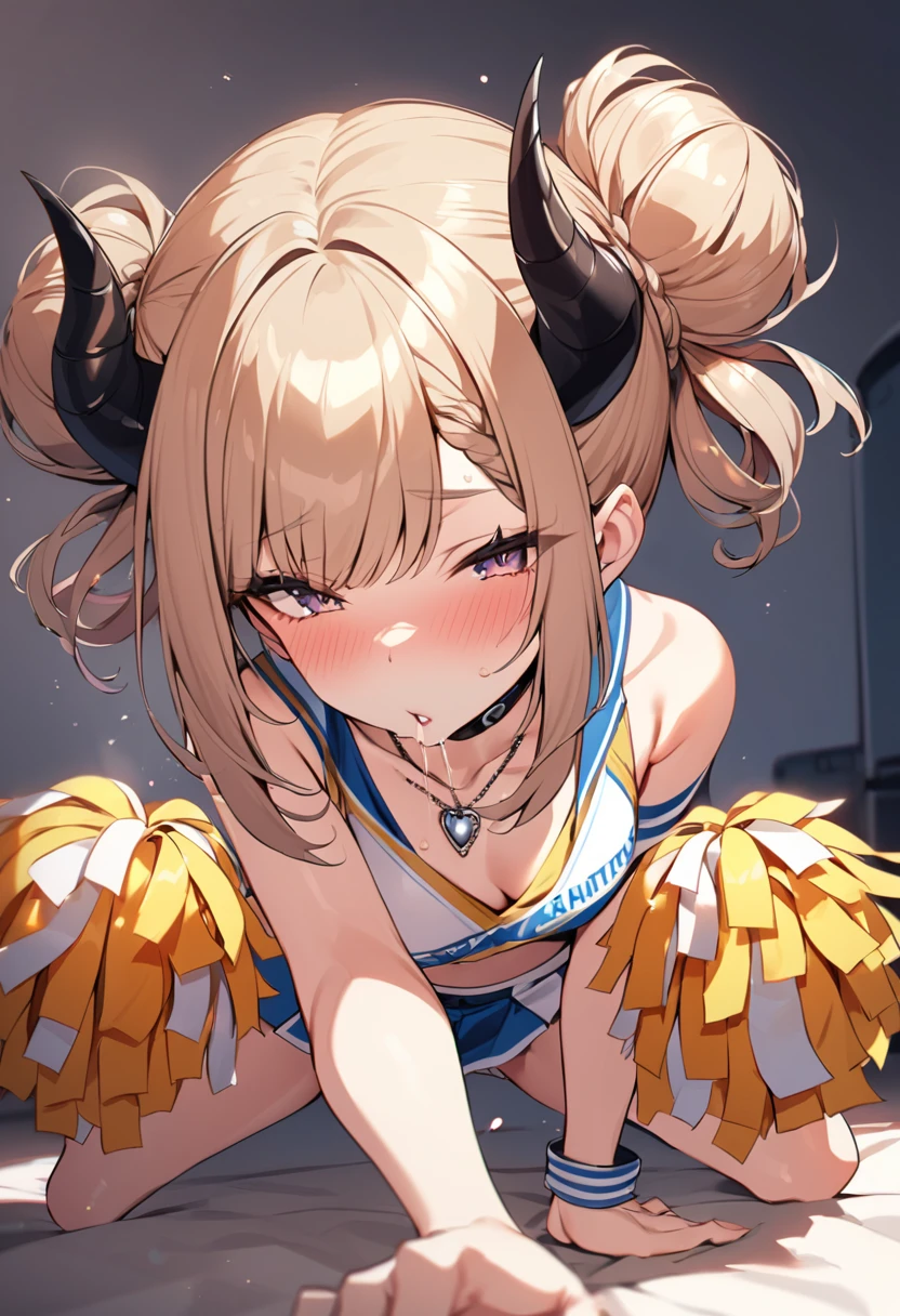 Sexy cheerleader, kneeling , giving blowjob, bun hair style , with black tiny demon horns, wearing necklace,